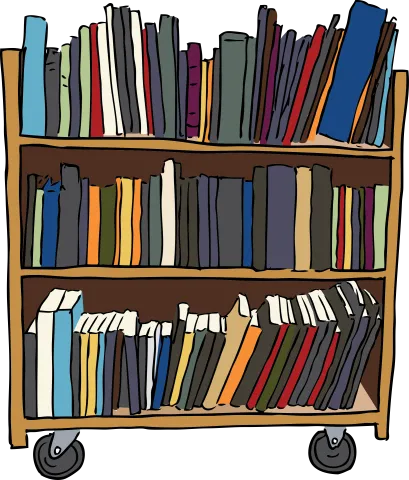 A colorful illustration of a wooden bookshelf on wheels, filled with various books. The books are in different colors and sizes, creating a lively, organized look.