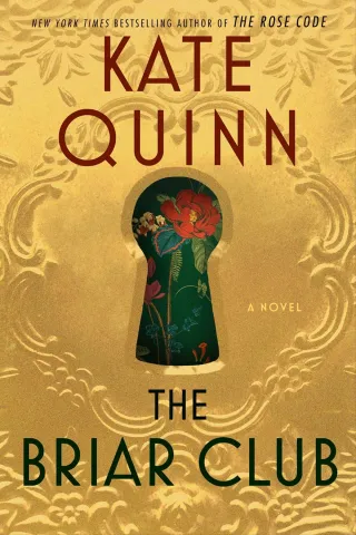 Cover of "The Briar Club" by Kate Quinn. Features a keyhole with vibrant flowers on a textured gold background. Elegant and mysterious tone.