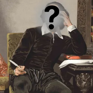 Historical illustration of a person in old-fashioned attire sitting thoughtfully at a desk, holding a quill. Face obscured by a question mark.
